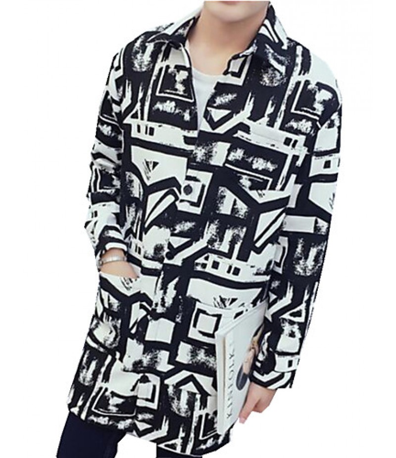 Men's Lapel Print Casual Trench Coat