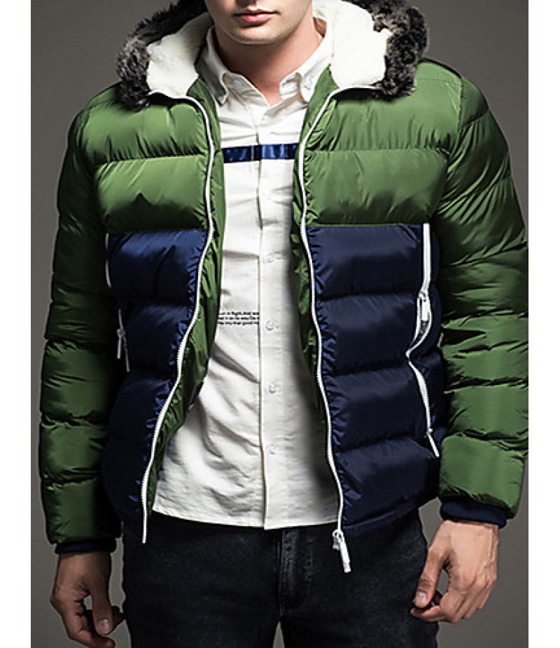 Men's Regular Padded Coat,Polyester / Nylon Patchwork Long Sleeve