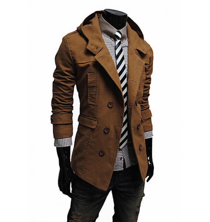 Men's Solid Casual Trench coat,Cotton Blend Long Sleeve-Black / Brown / Yellow / Tan