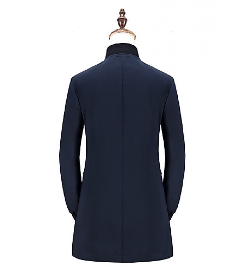 Men's Solid Casual / Formal / Plus Sizes Trench coat,Bamboo Fiber / Polyester Long Sleeve-Black / Blue