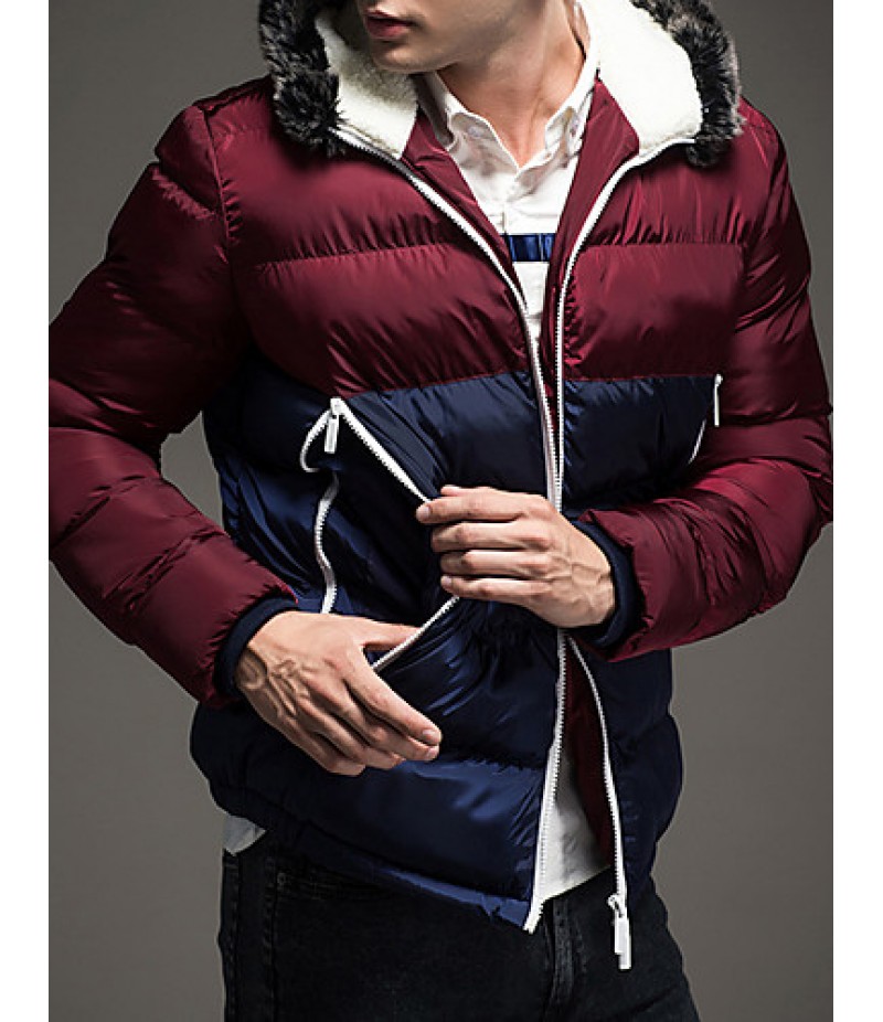 Men's Regular Padded Coat,Polyester / Nylon Patchwork Long Sleeve