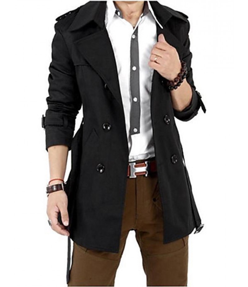 Men's Plus Size / Casual/Daily Simple Trench Coat,Solid Long Sleeve Black Polyester