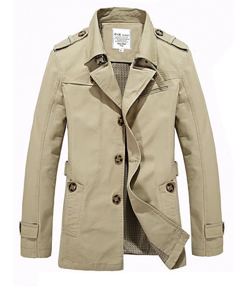 Men's Solid Casual / Work / Formal Trench coat,Cotton Long Sleeve-Black / Green / Yellow / Beige / Tan