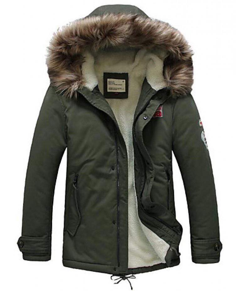 Men's Regular Padded Coat,Simple Casual/Daily Solid-Cotton Cotton Long Sleeve Hooded Green