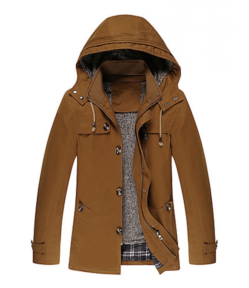 Men's Casual/Daily Vintage Trench CoatSolid Hooded Long Sleeve Fall / Winter Black / Brown Cotton / Polyester Thick