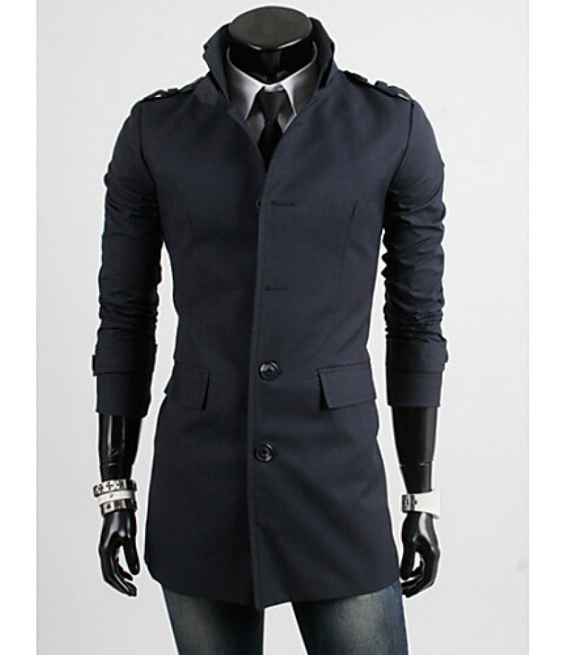 Men's Solid Casual / Work / Sport Trench coat,Cotton Long Sleeve-Black / Blue / Beige / Tan