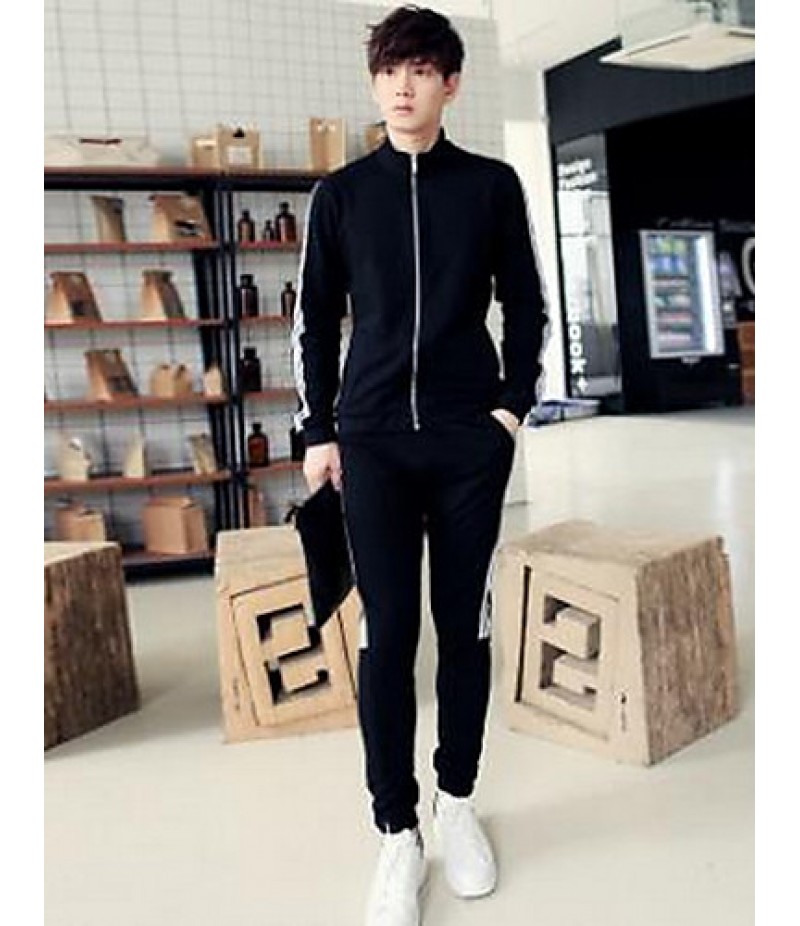 Men's Casual/Daily Simple Regular Hoodies,Striped Black Round Neck Long Sleeve Cotton Fall Medium Micro-elastic